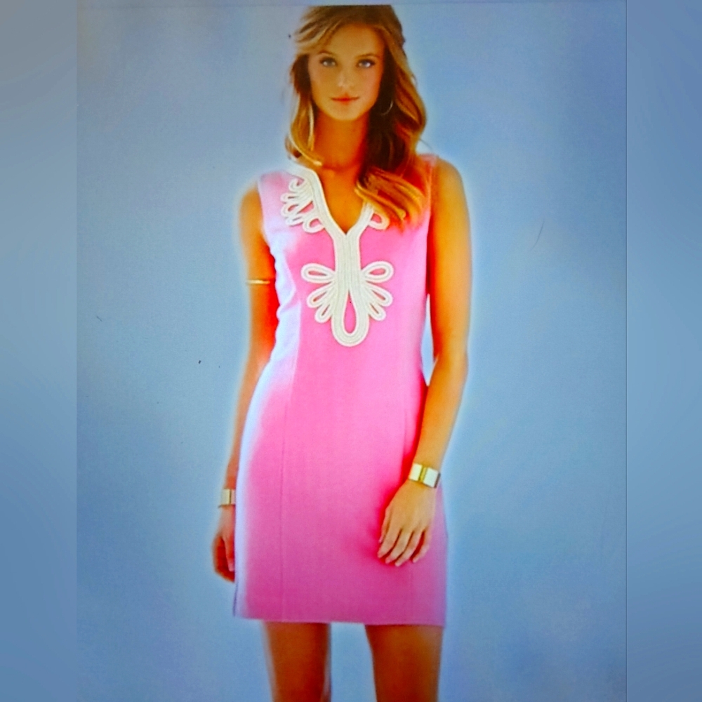 LILLY PULITZER SALMON PINK PALM BEACH  JANICE DRESS w GOLD METALLIC V-NECK sz 4